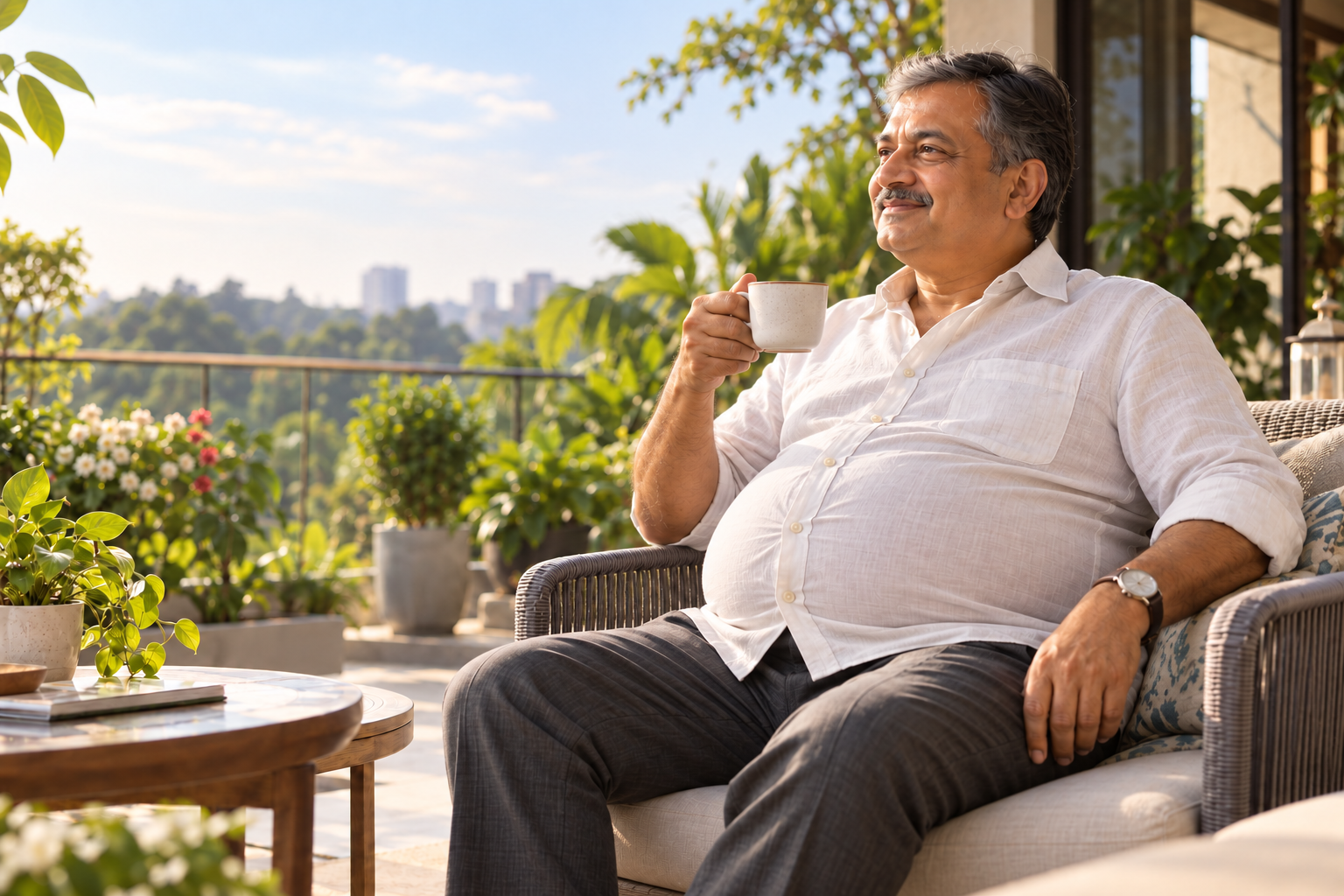 A gentleman with a prominent pot belly, seated on a private terrace